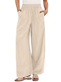 ANRABESS Women's Wide Leg Linen Pants Summer Boho Casual Elastic Waist Long Lounge Travel Pants Trousers with Pockets Apricot Medium