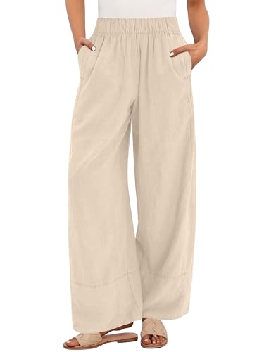 ANRABESS Women's Wide Leg Linen Pants Summer Boho Casual Elastic Waist Long Lounge Travel Pants Trousers with Pockets Apricot Medium