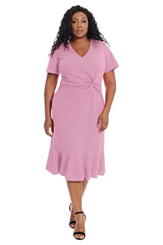 Image of London Times Women's V-Neck Dress - Flounce Hem, Twist Waist, Elegant Office & Event Wear