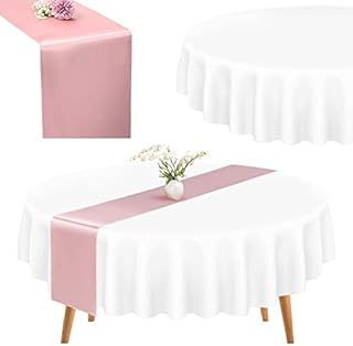 Round Tablecloth and Table Runner Set, 2 Pack 84" White Disposable Table Covers Waterproof Round Plastic Table Cloth and 2 Pack 12" x 108" Rose Gold Satin Table Runners for Parties Birthday Picnic