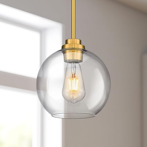 Image of 2 Pack Pendant Lights Kitchen Island, 8 inch Gold Pendant Light Fixtures with Globe Clear Glass Shade, Modern Brass Kitchen Island Lighting for Bathroom, AD-22280-2PL-GD