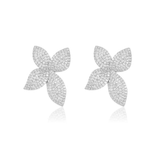 Luxury Flower Cubic Zirconia Crystal Statement Stud Earrings for Women Dainty 925 Sterling Silver Post Diamond Petal Flowers Huggie Studs Fashion Trendy Jewelry Wedding