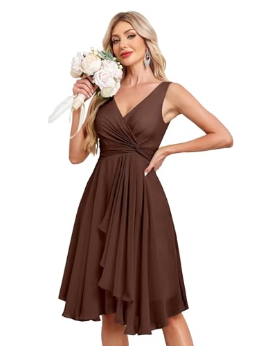 Image of Women's V Neck Short Bridesmaid Dresses 2025 Ruched Waist A Line Chiffon Formal Cocktail Party Dress