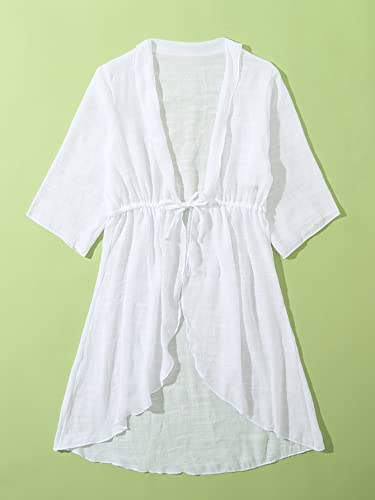 Milumia Girl's Drawstring Waist Chiffon Kimono 3/4 Sleeve Beachwear Cover Up White 9 Years #TOP4