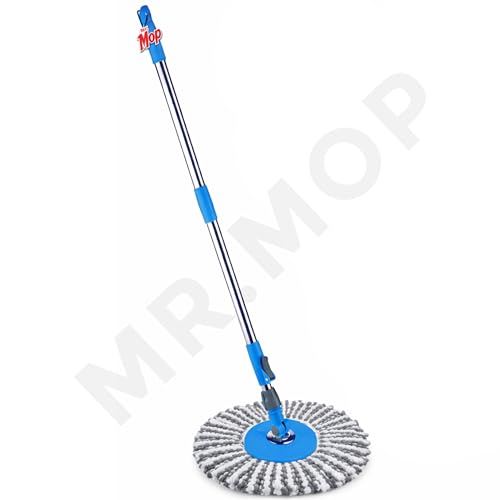 Image of Mr.Mop 360 Degree Spin Universal Mop Stick Rod with 1 Microfiber Grey Refill | Magical Extendable Handle Pocha for Floor Cleaning - Blue Rod + Grey Refill