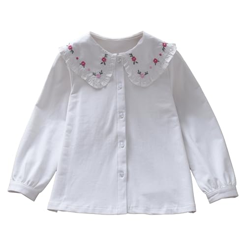 Girls Peter Pan Collar Blouse, White Long Sleeve Button Down Shirt with Floral Embroidery, Ruffle Trim