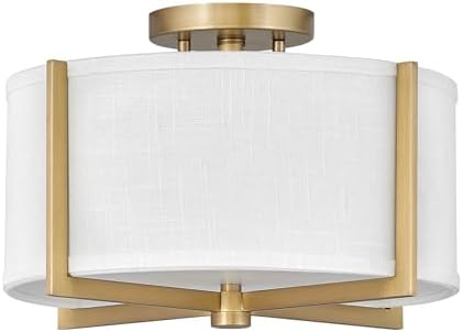 Hinkley Axis Two Light LED Medium Semi-Flush Mount Fixture, Hospitality Diffuser, Galerie, Heritage Brass Finish w/Off White Linen Shade