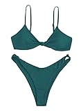 ZAFUL Women's Solid Color Textured Knotted Cheeky Cami Bikini Set Two Piece Swimsuit (2-Deep Green, M)