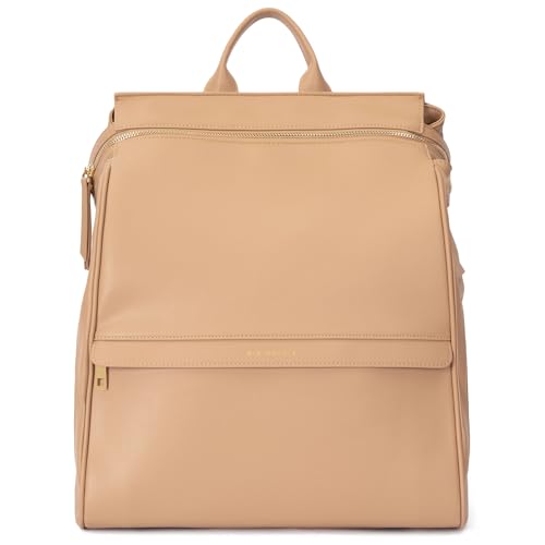 Image of MIA + SOPHIA Leather Diaper Bag Backpack with USB Charging Port, Changing Pad, Stroller Straps, Bottle Holder (Brown Sophia)