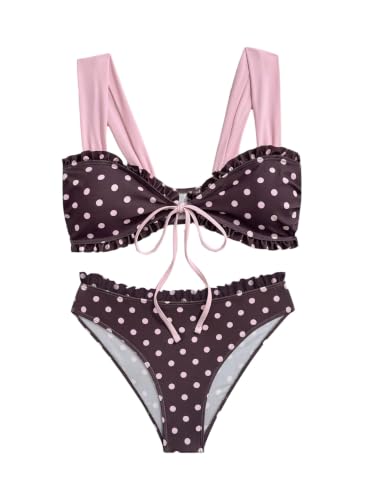Image of GORGLITTER Women's Cute Polka Dots Bikini Sets Ruffle Trim Tie Front Wide Strap Padded Top Low Waist Bottom 2 Piece Beach Swimsuits Brown Small