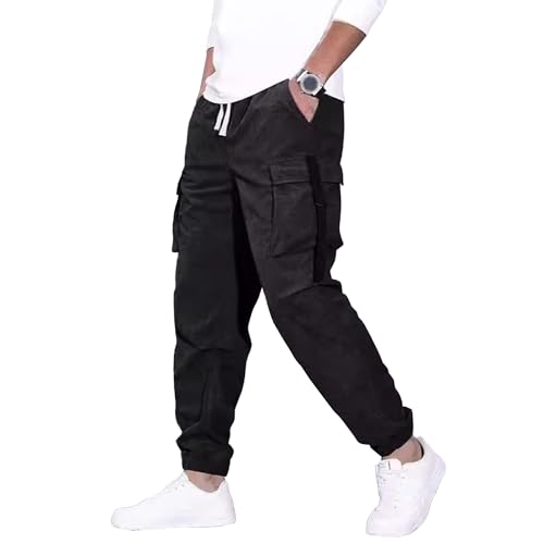 JEShifangjiusu Mens All Polyester Cargo Pants with Pockets Lightweight Ourdoor Hiking Travel Pant Relaxed Lounge Trouser (Black,X-Large)