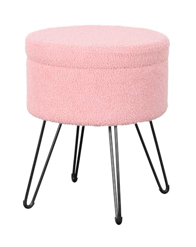 Image of La Maison Velvet Round Stool Ottoman Storage Seat Vanity Dressing Table Stool Chair Coffee Table Tray Metal Legs (Boucle Blush Pink)