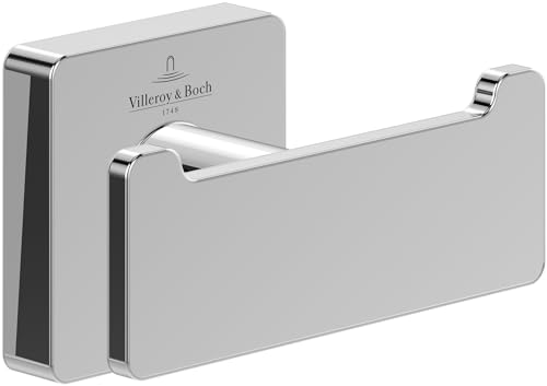 Villeroy & Boch Elements - Gancio portasciugamani doppio Striking, portasciugamani per montaggio a parete, gancio a parete in ottone, accessori bagno, lunghezza 80 x 44 x 45 mm, cromato