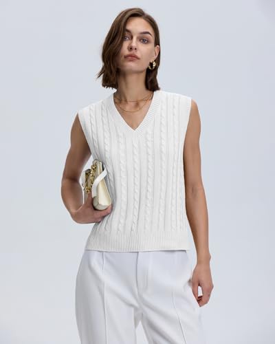 Locachy Women'S Vintage Loose V Neck Sleeveless Cable Knit Preppy Style Pullover Sweater Vest White -M thumb #2