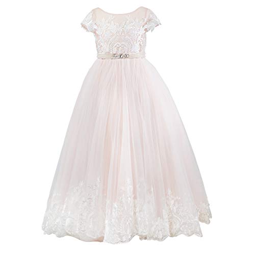 Miama Cap Sleeves V Back Lace Tulle Wedding Flower Girl Dress Junior Bridesmaid Dress Pink #TOP1
