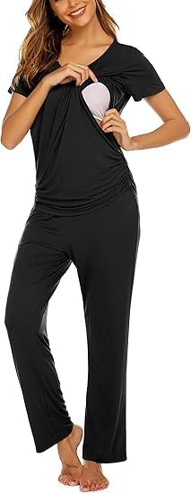 ELESOL Women's Maternity Nursing Pajamas Set Breastfeeding Sleepwear Double Layer Short Sleeve Top & Pants Pregnancy