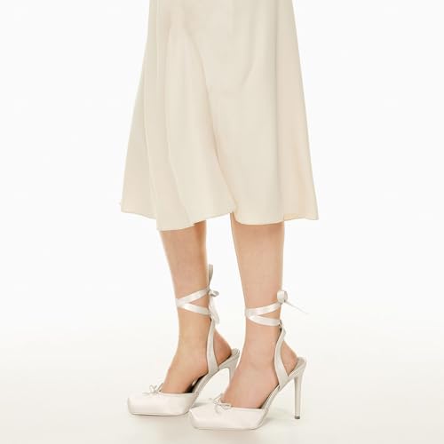 Image of Riekhany Satin Ballet Heels for Women Closed Square Toe Bow Ballerina Heels Lace Up High Heel Slingback Pumps Strappy Stiletto Mary Janes Elegant Party Shoes