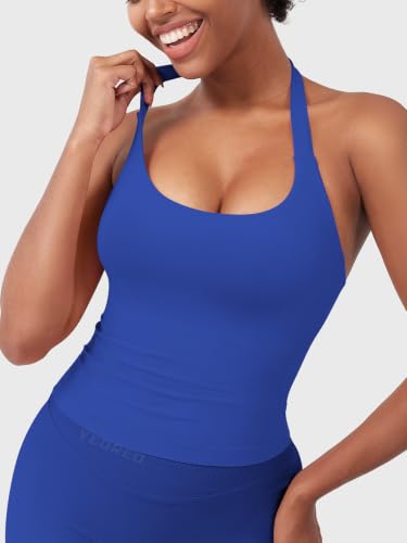 Image of YEOREO SoftHue Women's Impact Halter Tank Top Longline Backless Scoop Neck Built-in Bra Sports Workout Gym Crop Top