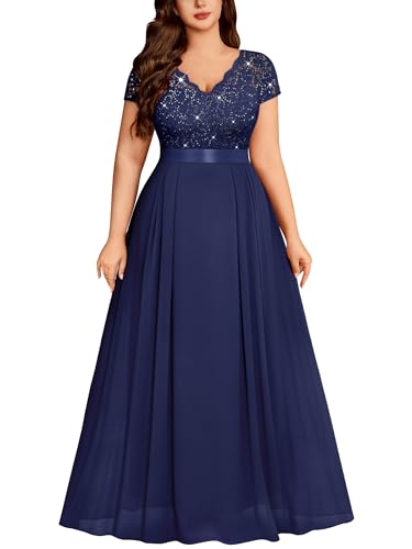 Image of Miusol Women's Plus Size Sequin Floral Lace V Neck Formal Gowns Evening Party Chiffon Maxi Dress