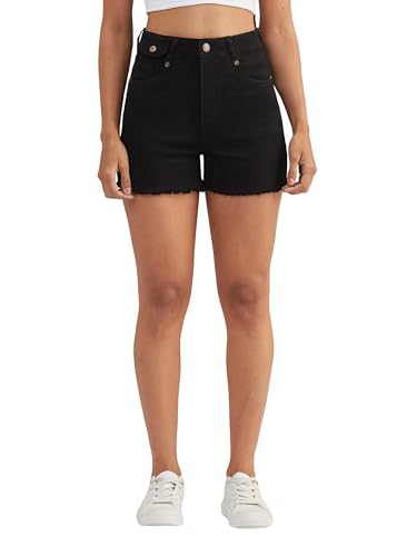 Image of Dolce Crudo Women's Relaxed Fit Mid-Rise Denim Shorts with Adjustable Waist & Frayed Hem