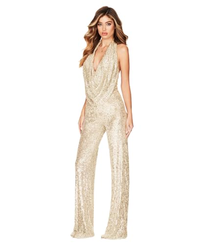 Aelidiya Sequin Jumpsuits Halter Cowl Neck Backless Romper Shiny Overalls Pants