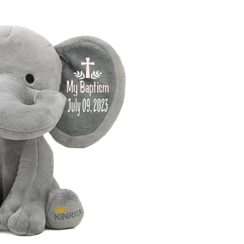 Personalized Elephant Stuffed Animal - Baptism Gifts for Girls, Boys, Babies, Kids, Custom Keepsake Catholic Christian Christening Gift for Goddaughter, Godson from Godparents, Gray 9 Inches
