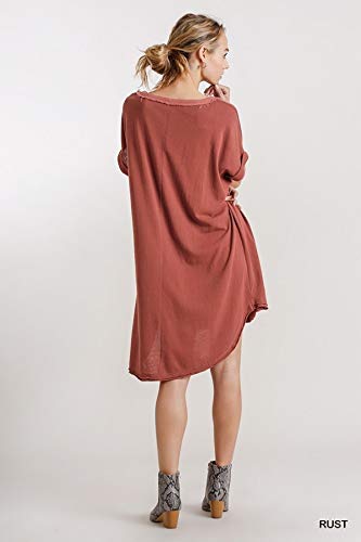 Umgee Women's Folded Sleeve Frayed Edge Dress (X-Large, Rust) #TOP4