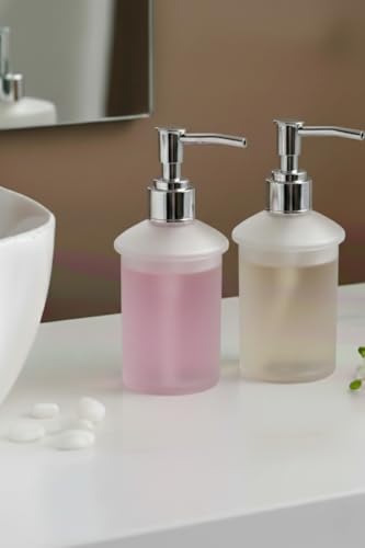 Image of Premium Frosted Glass Soap Dispenser with Stainless Steel Pump | Refillable Liquid Soap, Hand Wash, Shampoo & Sanitizer Bottle for Bathroom & Kitchen Sink | Modern Square Design (Round AT10-2)