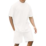 Set da uomo con camicia e pantaloncini coordinati, a maniche corte, tuta estiva a 2 tasche, due pezzi, per sport, casual, per tutti i giorni, bianco, M