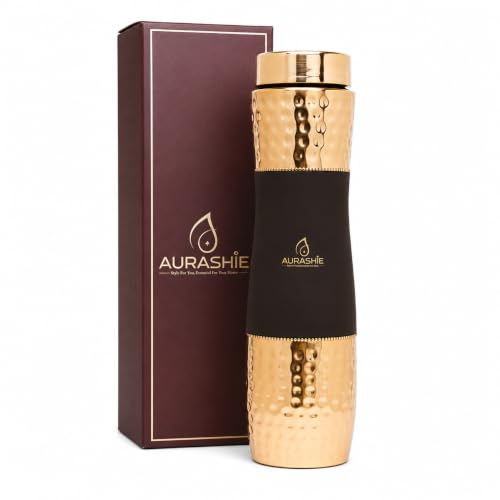 Image of Pure Copper Water Bottle 1 Litre | BPA Free & Leak Proof | Copper-Infused Water | Durable & Rust Proof | Ayurveda Health Benefits - Hammered Finish (Brown Grip Sleeve)