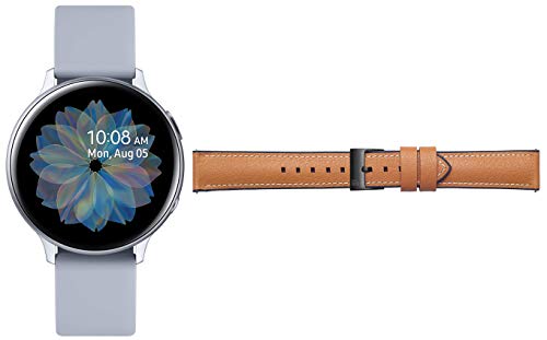 Image of Samsung Galaxy Watch Active 2 (Bluetooth, 44 mm) - Silver, Aluminium Dial, Silicon Straps + Free Leather Strap (Tan) Worth INR 2500