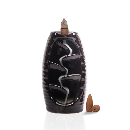 Image of Hem Backflow Incense Burner Set - Plate Fountain | Handcrafted Ceramic Holder with 10 Backflow Cones | Meditation,Prayer & Relaxation | Perfect for Decor,Yoga & Spiritual Spaces, Black