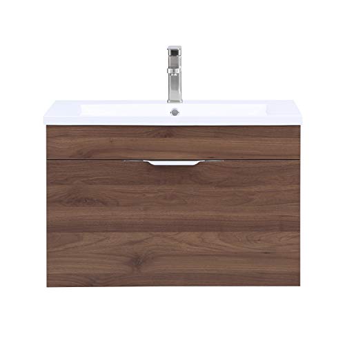 Stufurhome Delilah Walnut 30 inch Wall Mounted Single Sink Bathroom Vanity, No Mirror