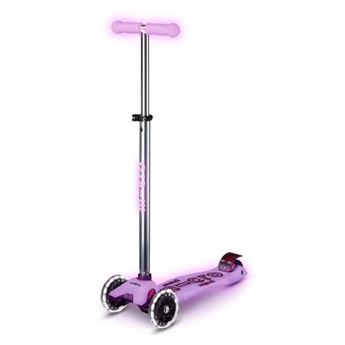 Micro® | Maxi Deluxe Glow LED Patinete 3 Ruedas Niños y niñas | Brilla en la Oscuridad | Ruedas con luz LED | Dirección Suave con Dureza Ajustable | Altura Regulable | 5 12 Años (Luminous Purple)