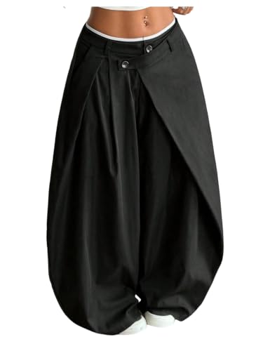 GORGLITTER Barrel Leg Trousers Womens Low Waist Pleated Wide Leg Button Front Wrap Trousers Y2k Streetwear Pants Black Large