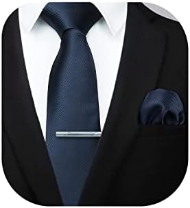 HISDERN Men's Solid Color Tie Formal Stain Necktie & Pocket Sqaure Ties Clip Set Formal Bussiness Wedding, Navy Blue, 8.5cm / 3.4 inches in Width