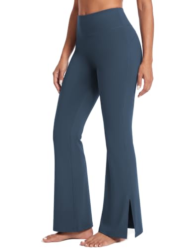 AMLEER High Rise Bootcut Leggings for Women, Double Side Slit Split Hem, Tummy Control Butt Lifting, Buttery Soft No Front Seam Yoga Pants, Grayish Blue, Large