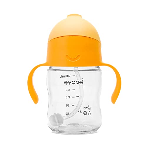 Evorie Tritan Weighted Straw Sippy Cup with Handles for Baby and Toddlers 6 months up, 7 Oz Soft Silicone Straw Infant First Training Water Bottle (Apricot)