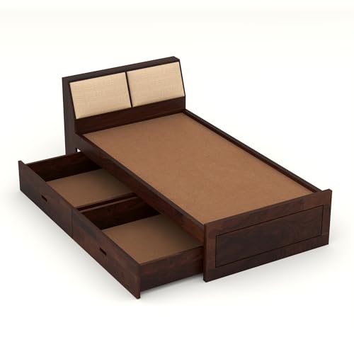 Image of Solid Sheesham Wood Single Size Bed with 2 Drawer Storage Wooden Single Cot Bed for Home Living Room Bedroom Guest Room Hotel (Walnut, Size 6 * 4)
