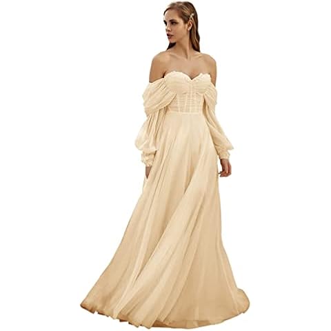 PEIYJYUSP Champagne Prom Dresses Off The Shoulder Sweetheart Wedding Dress Long Sleeve Floor Length Prom Dress Princess Ball Gowns Champagne US8 Cover