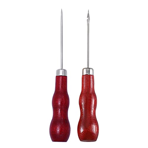 2Pcs Wooden Handle Awls Gourd Shape Leather Hole Puncher Sewing Stitching Needle
