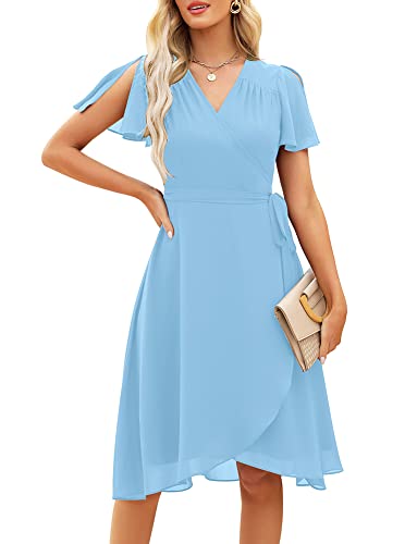Womens Slit Sleeve V Neck Elegant Wrap Cocktail Dresses Summer Chiffon Asymmetric Semi Formal Party Midi Dress Light Blue S #TOP22