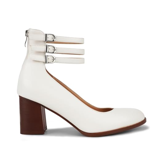 Eusibb White Mary Jane Shoe Women Heels Chunky Block Heel Close Round Toe Pumps Shoes with Ankle Strap Dress Party Shoes
