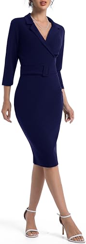 Image of SxClub Business Dresses for Women Elegant Long Sleeve Bodycon Pencil Knee Length Formal Dress for Evening Cocktail