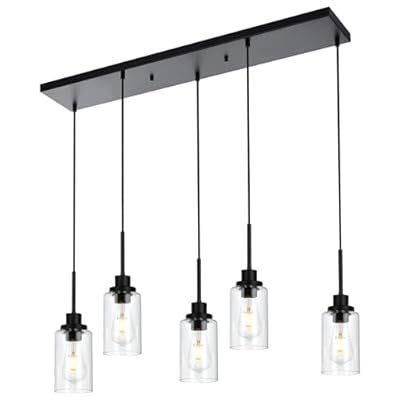 MELUCEE Black Pendant Lights for Kitchen Island, 5-Light Dining Room Light Fixtures Linear Chandeliers with Clear Glass Shade, DIY Hanging Lamp Ceiling for Dining Room Kitchen Bar