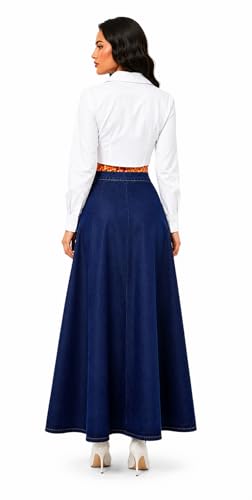 Image of Navy Blue Buttoned A-Line Full Length Denim Skirt 18000