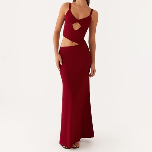 Image of Women Cut Out Maxi Dress Sleeveless Spaghetti Strap V Neck Backless Summer Bodycon Long Dress Party Dress