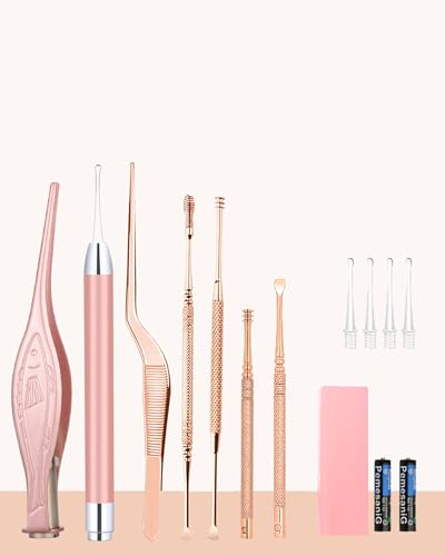 7Pcs Ear Wax Removal Tool with Light: Ear Cleaner Kit-Ear Scope with Stainless Steel 360° Spiral, Earwax Spoon Digger & Ear Tweezers with LED Light for Adults Kids - Ear Wax Remover with Storage Box