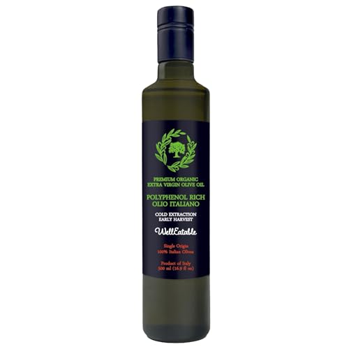 WellEatable Robust +1,200 mg/kg Polyphenol Rich Olio Italiano, New 2024-2025 Early Harvest Organic Extra Virgin Olive Oil from Italy, Lab Tested, Cold Extracted for Drinking and Finishing, 16.9 fl oz