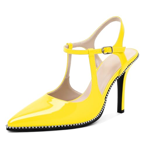Image of SAMMITOP Womens High Heels Ankle Strap Pointed Toe Stilettos Patent Leather Beaded Pumps Dress Shoes 3.5 Inch